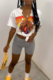 White Fashion Print Patchwork V Neck T-Shirts
