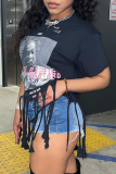 Black Fashion Print Tassel O Neck T-Shirts