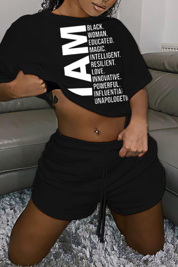 Black Fashion Casual Letter Print Basic O Neck Short Sleeve Two Pieces