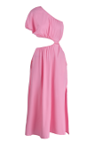 Pink Casual Solid Hollowed Out One Shoulder Straight Dresses