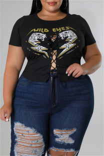 Black Fashion Casual Print Bandage Hollowed Out O Neck Plus Size Tops