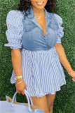 Pink Fashion Casual Striped Print Patchwork Turndown Collar Short Sleeve Dress