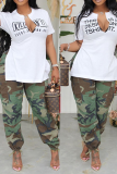 White Fashion Print Slit V Neck T-Shirts