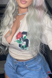 Apricot Fashion Print Patchwork V Neck T-Shirts