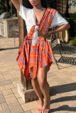 Multicolor Casual Street Print Bandage Patchwork Asymmetrical V Neck Short Sleeve Two Pieces