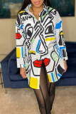 White Fashion Casual Print Patchwork Turndown Collar Shirt Dress