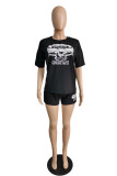Grey Fashion Casual Print Basic O Neck Short Sleeve Two Pieces