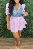 Pink Fashion Casual Striped Print Patchwork Turndown Collar Short Sleeve Dress