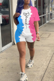 Powder Blue Fashion Print Patchwork O Neck Short Sleeve Two Pieces