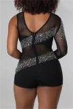 Red Fashion Sexy Patchwork Hot Drilling Backless Half A Turtleneck Skinny Romper