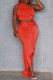 Tangerine Red Fashion Solid Patchwork Backless One Shoulder Sleeveless Two Pieces