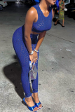 Blue Sexy Solid Hollowed Out O Neck Sleeveless Two Pieces