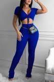 Blue Sexy Solid Bandage Patchwork V Neck Short Sleeve Two Pieces