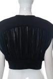 Black Fashion Solid Tassel Zipper Collar Tops