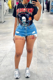 Black Fashion Print Patchwork O Neck T-Shirts