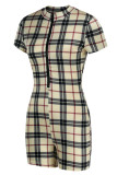 Khaki Fashion Casual Plaid Print Basic Zipper Collar Skinny Romper