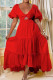 Red Sexy Solid Hollowed Out Patchwork Backless V Neck A Line Dresses