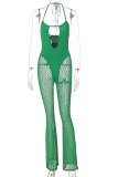 Green Sexy Solid Hollowed Out Halter Boot Cut Jumpsuits