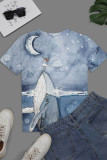 Blue Fashion Casual Print Basic O Neck T-Shirts