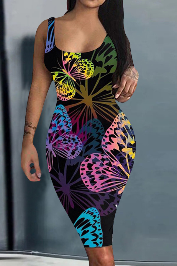 Colour Fashion Casual Butterfly Print Basic U Neck Vest Dress