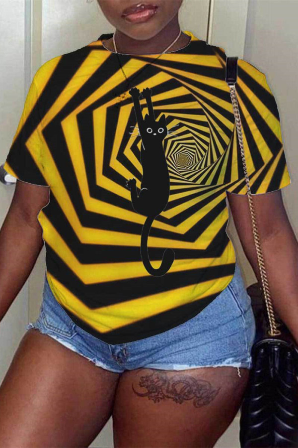 Yellow Fashion Casual Print Basic O Neck T-Shirts