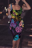 Blue Fashion Casual Butterfly Print Basic U Neck Vest Dress