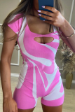 Pink Sexy Print Hollowed Out Square Collar Skinny Rompers