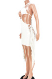 Pink Sexy Solid Tassel Hollowed Out Patchwork Backless Halter Pencil Skirt Dresses