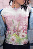 White Pink Fashion Casual Print Basic O Neck T-Shirts