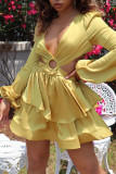 Rose Red Sexy Elegant Solid Bandage Patchwork Backless Asymmetrical V Neck A Line Dresses