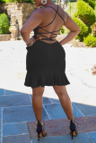 Pink Fashion Sexy Solid Patchwork Backless Spaghetti Strap Sleeveless Dress