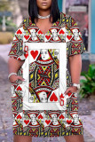 Red Fashion Casual Print Basic V Neck Short Sleeve Dress