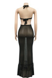 Black Fashion Sexy Solid Bandage See-through Backless Halter Sleeveless Dress