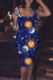 Blue Fashion Casual Butterfly Print Basic U Neck Vest Dress