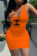Orange Fashion Sexy Print Letter V Neck One Step Skirt Dresses