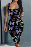 Blue Fashion Casual Butterfly Print Basic U Neck Vest Dress