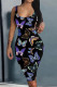 Black Purple Fashion Casual Butterfly Print Basic U Neck Vest Dress
