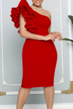 Red Fashion Sexy Solid Patchwork Backless Oblique Collar Evening Dress