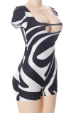 Pink Sexy Print Hollowed Out Square Collar Skinny Rompers