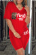 Red Fashion Casual Letter Print Pocket V Neck Short Sleeve Two Pieces