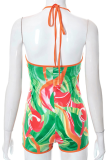 Green Sexy Print Hollowed Out Halter Skinny Rompers