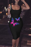 Blue Fashion Casual Butterfly Print Basic U Neck Vest Dress