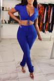Blue Sexy Solid Bandage Patchwork V Neck Short Sleeve Two Pieces
