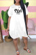 White Fashion Casual Letter Print Basic O Neck Short Sleeve Dress