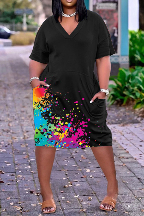 Black Casual Print Patchwork V Neck Straight Dresses