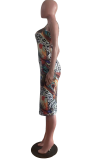 Multicolor Sexy Print Patchwork Spaghetti Strap Pencil Skirt Dresses