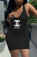 Black Fashion Sexy Print Letter V Neck One Step Skirt Dresses