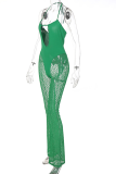 Green Sexy Solid Hollowed Out Halter Boot Cut Jumpsuits