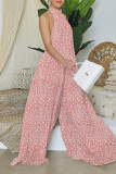 Red Elegant Print Patchwork Backless Halter Straight Jumpsuits