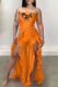 Tangerine Red Fashion Print Flounce Strapless Boot Cut Jumpsuits